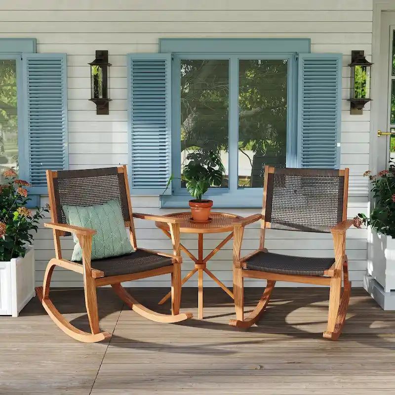 Lot de 2 fauteuils à bascule pour patio, ensemble de conversation en bois d'acacia pour l'extérieur, ensemble bistrot pour jardin, balcon, bord de piscine.