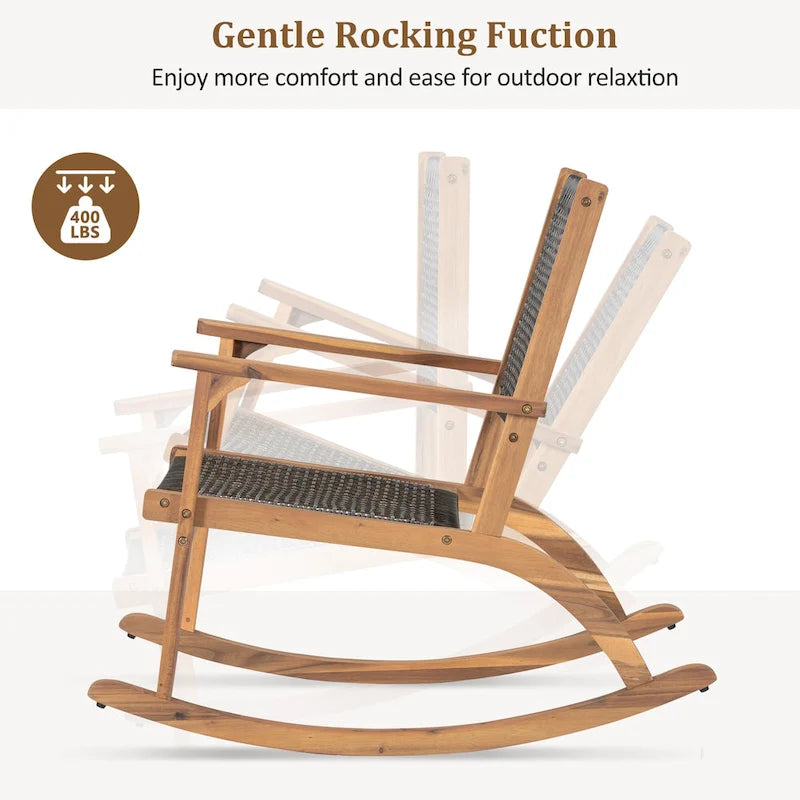 Lot de 2 fauteuils à bascule pour patio, ensemble de conversation en bois d'acacia pour l'extérieur, ensemble bistrot pour jardin, balcon, bord de piscine.
