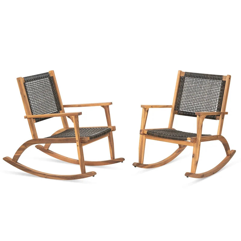 Lot de 2 fauteuils à bascule pour patio, ensemble de conversation en bois d'acacia pour l'extérieur, ensemble bistrot pour jardin, balcon, bord de piscine.