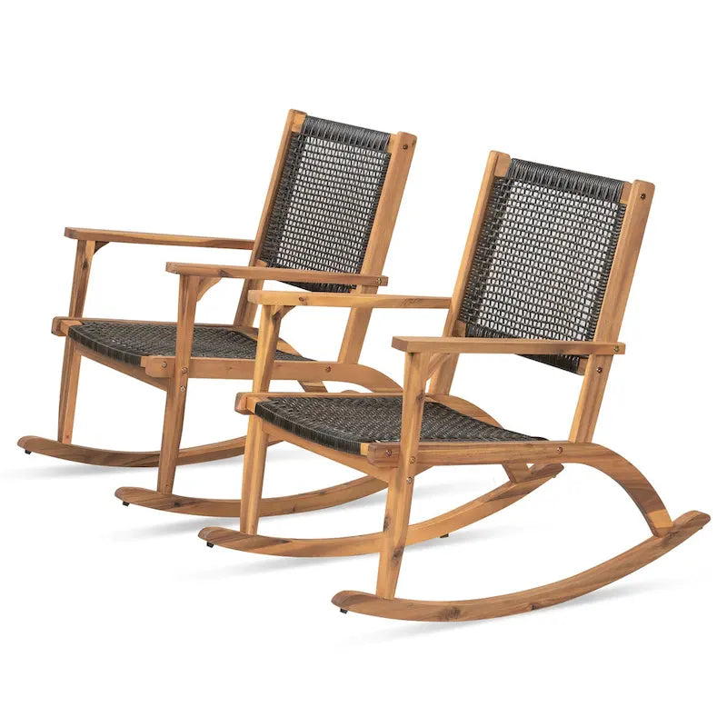 Lot de 2 fauteuils à bascule pour patio, ensemble de conversation en bois d'acacia pour l'extérieur, ensemble bistrot pour jardin, balcon, bord de piscine.