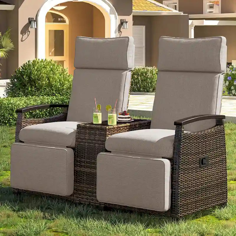 Patio Recliner Loveseat Chair, Adjustable Backrest Wicker Outdoor Lounge Chair Set with Built-in Storage Table for Lawn, Garden