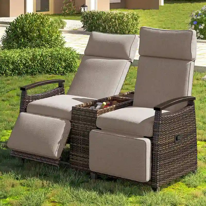 Canapé de jardin inclinable avec table de rangement intégrée, transat d'extérieur en osier à dossier réglable pour pelouse, jardin