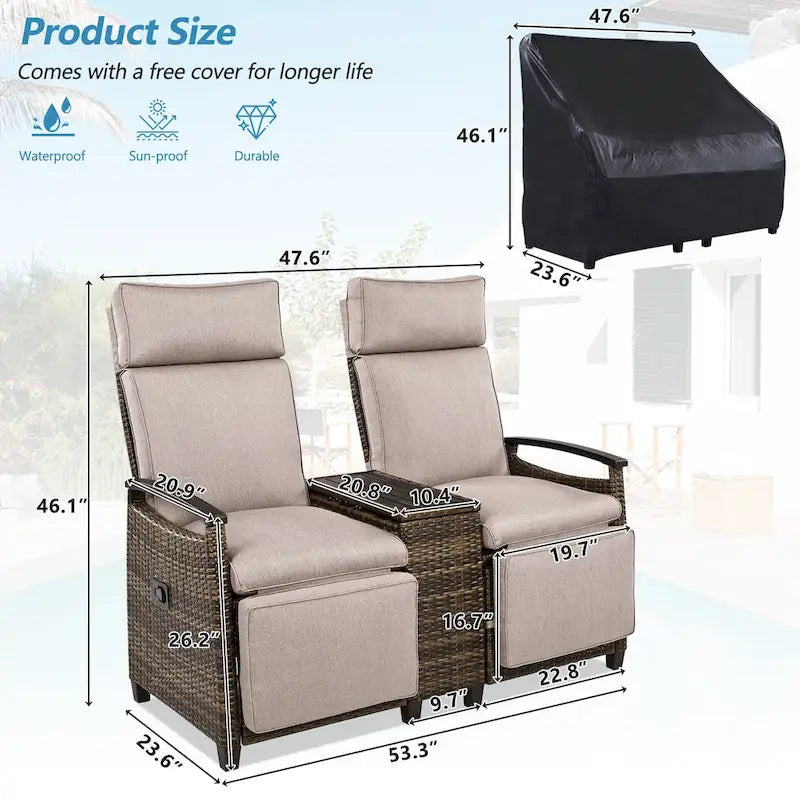 Canapé de jardin inclinable avec table de rangement intégrée, transat d'extérieur en osier à dossier réglable pour pelouse, jardin