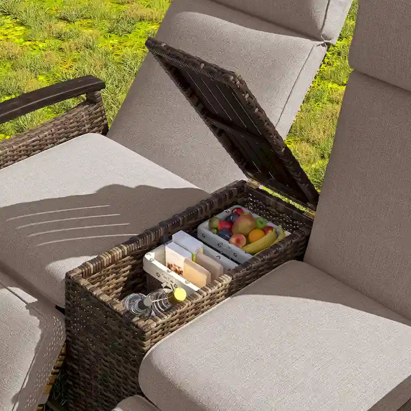 Canapé de jardin inclinable avec table de rangement intégrée, transat d'extérieur en osier à dossier réglable pour pelouse, jardin