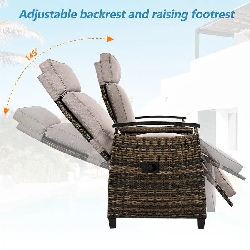 Canapé de jardin inclinable avec table de rangement intégrée, transat d'extérieur en osier à dossier réglable pour pelouse, jardin