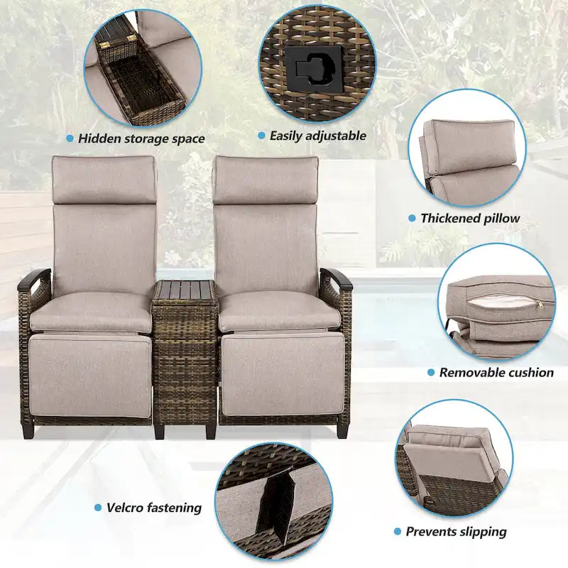 Canapé de jardin inclinable avec table de rangement intégrée, transat d'extérieur en osier à dossier réglable pour pelouse, jardin