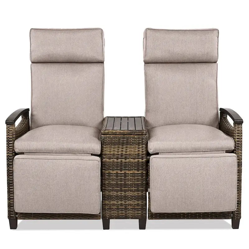 Canapé de jardin inclinable avec table de rangement intégrée, transat d'extérieur en osier à dossier réglable pour pelouse, jardin