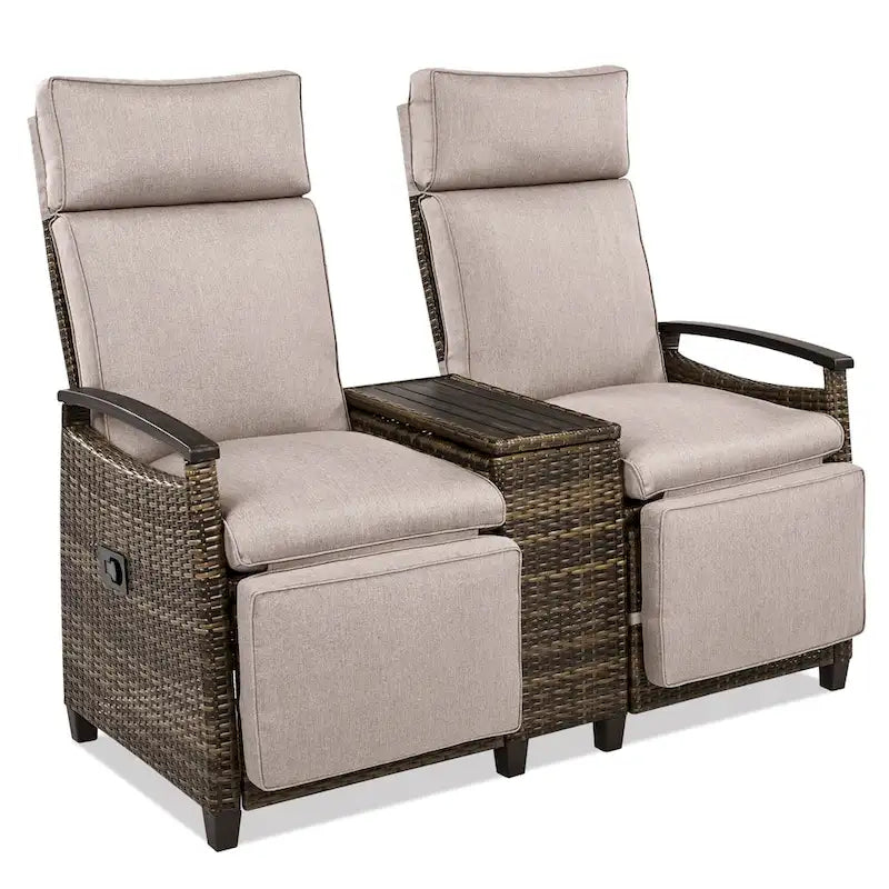 Canapé de jardin inclinable avec table de rangement intégrée, transat d'extérieur en osier à dossier réglable pour pelouse, jardin