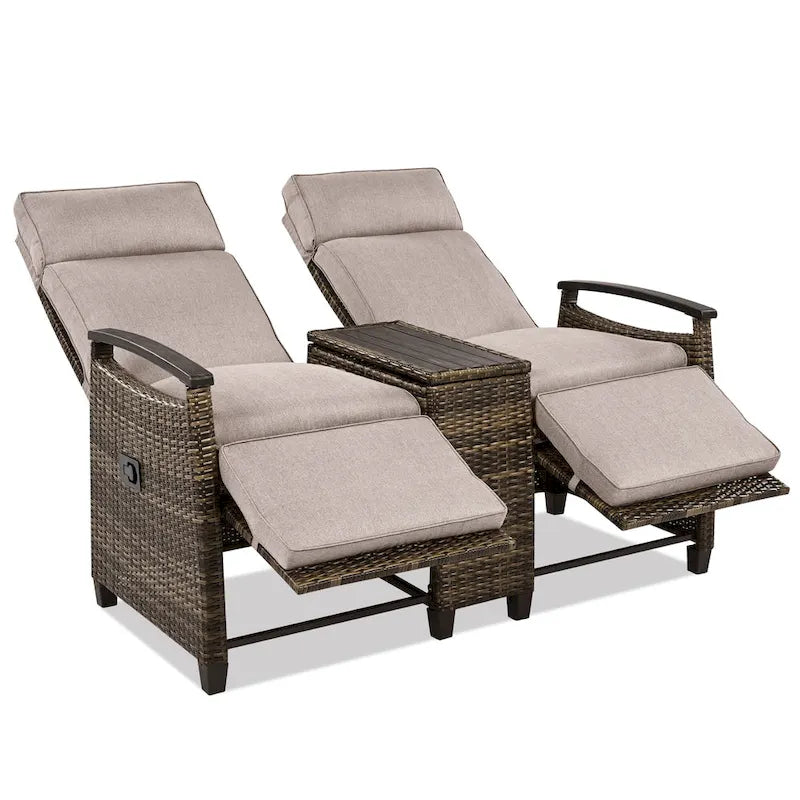 Canapé de jardin inclinable avec table de rangement intégrée, transat d'extérieur en osier à dossier réglable pour pelouse, jardin