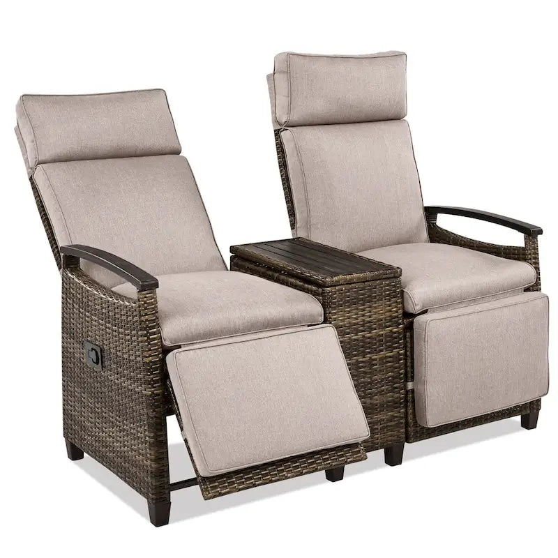 Canapé de jardin inclinable avec table de rangement intégrée, transat d'extérieur en osier à dossier réglable pour pelouse, jardin