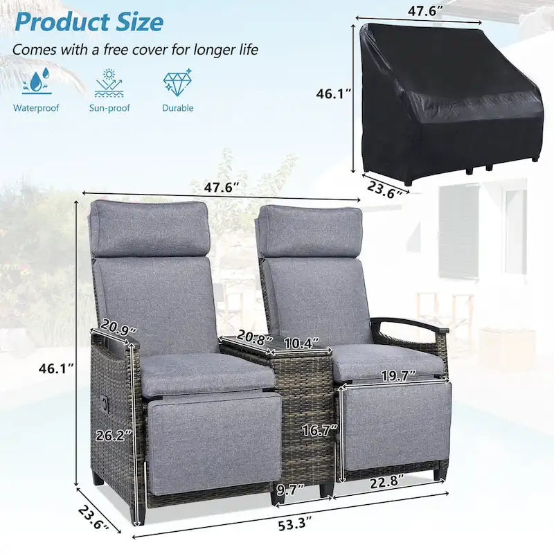 Canapé de jardin inclinable avec table de rangement intégrée, transat d'extérieur en osier à dossier réglable pour pelouse, jardin