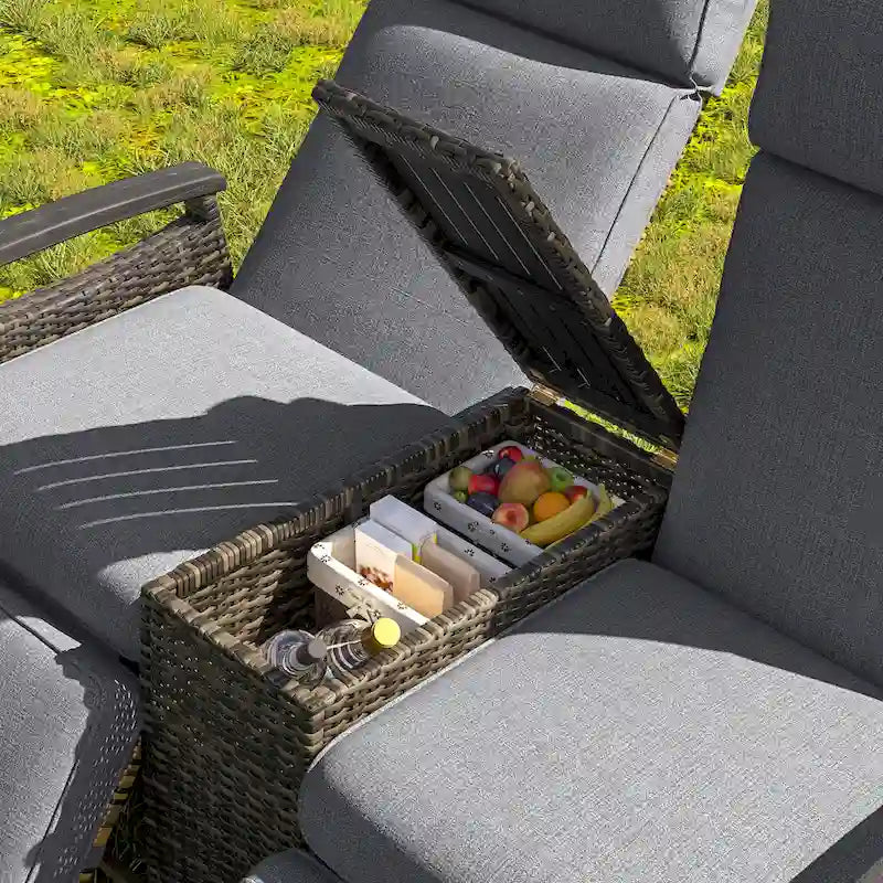 Canapé de jardin inclinable avec table de rangement intégrée, transat d'extérieur en osier à dossier réglable pour pelouse, jardin