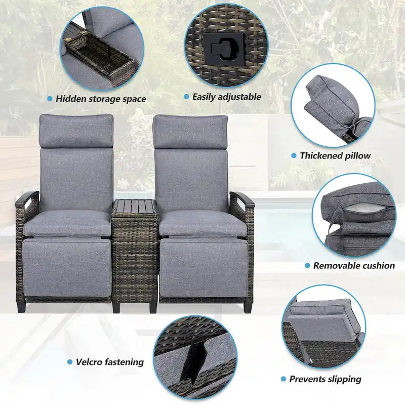 Canapé de jardin inclinable avec table de rangement intégrée, transat d'extérieur en osier à dossier réglable pour pelouse, jardin