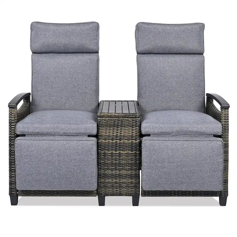 Canapé de jardin inclinable avec table de rangement intégrée, transat d'extérieur en osier à dossier réglable pour pelouse, jardin