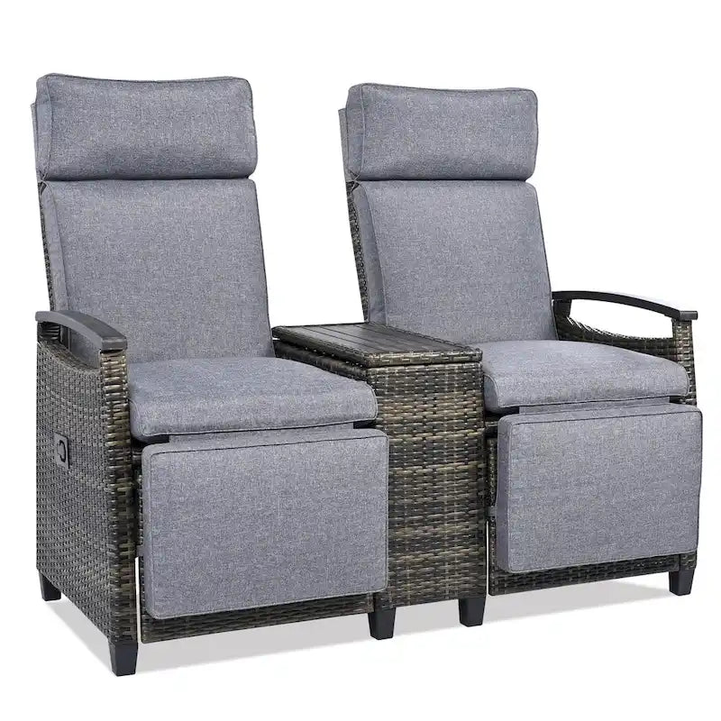 Canapé de jardin inclinable avec table de rangement intégrée, transat d'extérieur en osier à dossier réglable pour pelouse, jardin