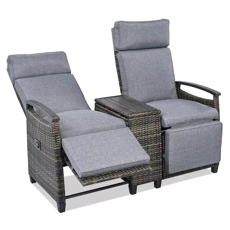 Canapé de jardin inclinable avec table de rangement intégrée, transat d'extérieur en osier à dossier réglable pour pelouse, jardin