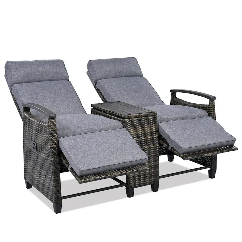 Canapé de jardin inclinable avec table de rangement intégrée, transat d'extérieur en osier à dossier réglable pour pelouse, jardin