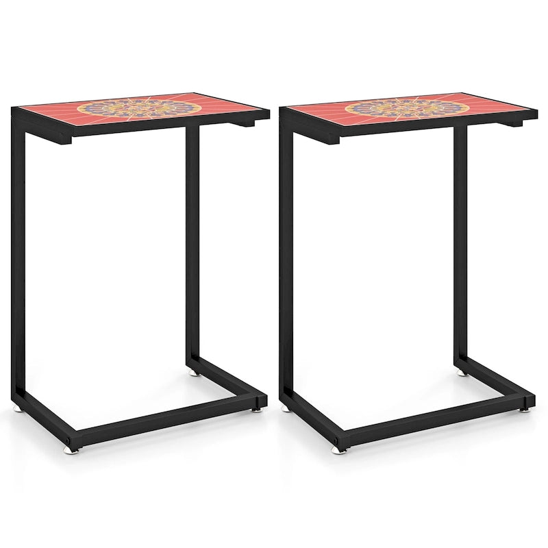Gymax Table d'appoint d'extérieur en mosaïque en C avec plateau en carreaux de céramique, 2 PIÈCES