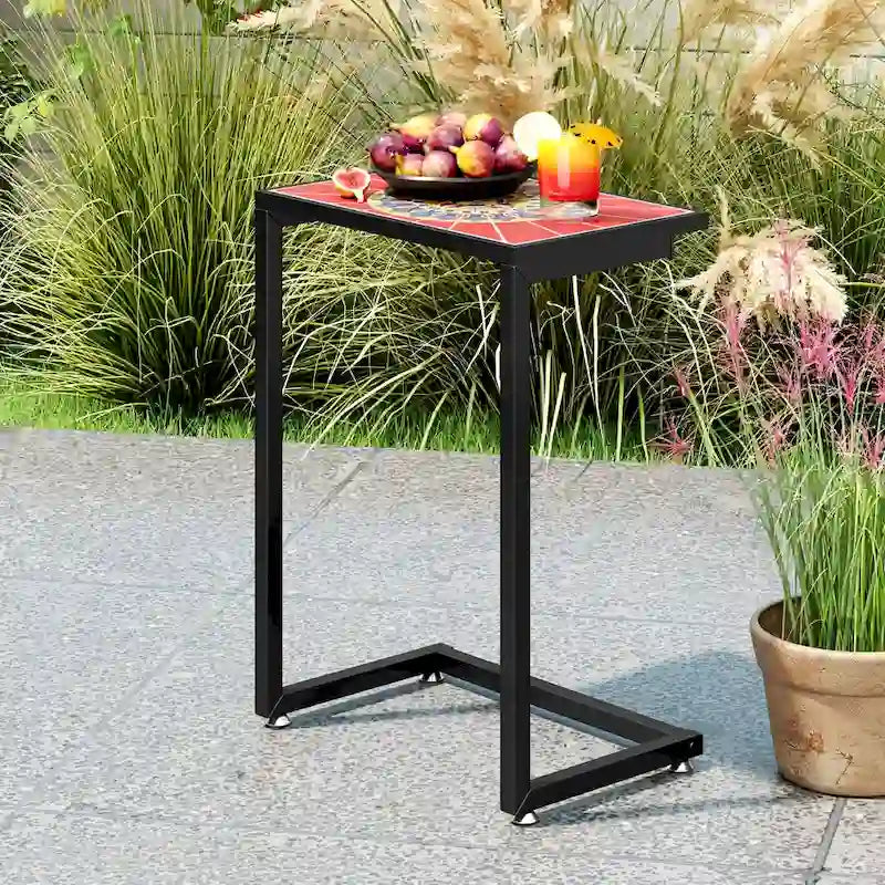 Gymax Table d'appoint d'extérieur en mosaïque en C avec plateau en carreaux de céramique, 2 PIÈCES