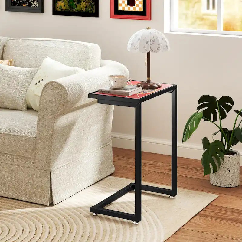 Gymax Table d'appoint d'extérieur en mosaïque en C avec plateau en carreaux de céramique, 2 PIÈCES