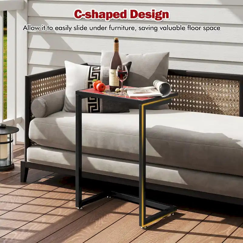 Gymax Table d'appoint d'extérieur en mosaïque en C avec plateau en carreaux de céramique, 2 PIÈCES