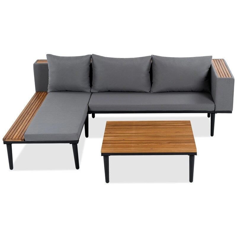 Premium L-Shaped Acacia Wood Patio Set - Includes Removable Cushions & Coffee Table, Outdoor Sectional Conversation Sofa .