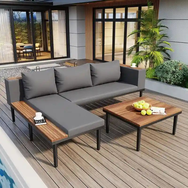 Ensemble de patio haut de gamme en acacia en forme de L - Comprend des coussins amovibles et une table basse, canapé d'angle extérieur.