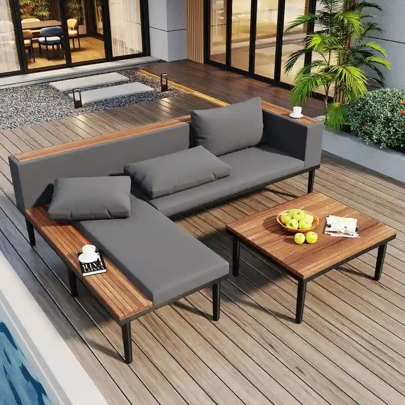 Ensemble de patio haut de gamme en acacia en forme de L - Comprend des coussins amovibles et une table basse, canapé d'angle extérieur.