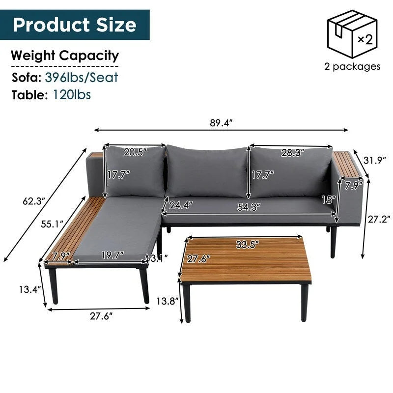Ensemble de patio haut de gamme en acacia en forme de L - Comprend des coussins amovibles et une table basse, canapé d'angle extérieur.