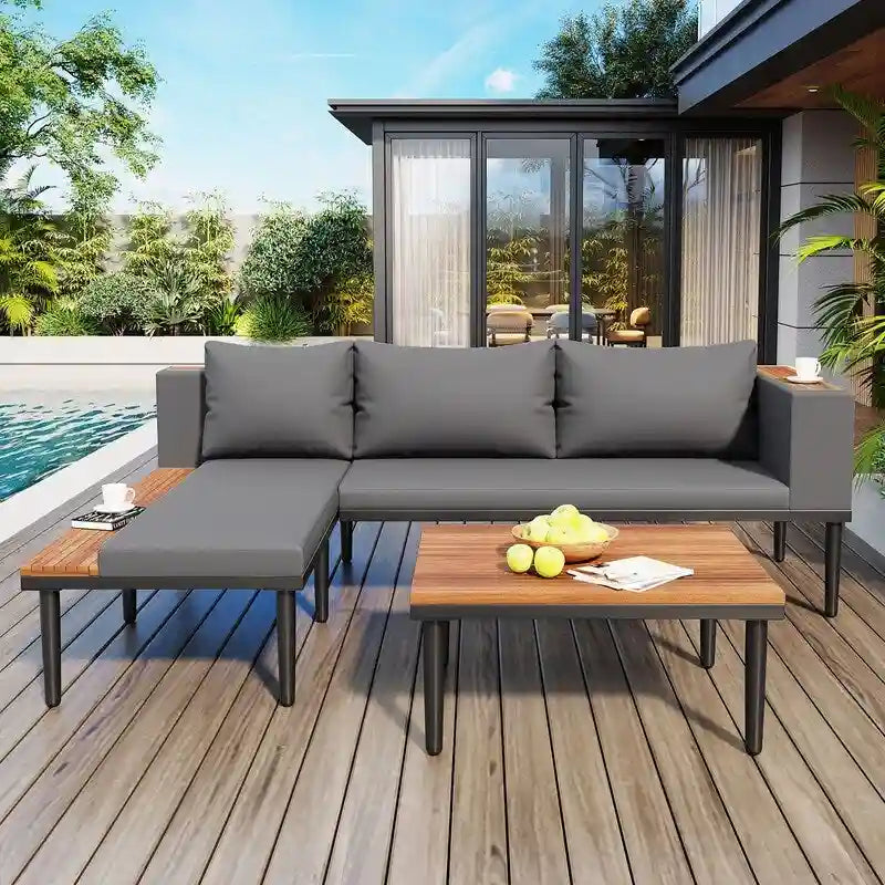 Ensemble de patio haut de gamme en acacia en forme de L - Comprend des coussins amovibles et une table basse, canapé d'angle extérieur.