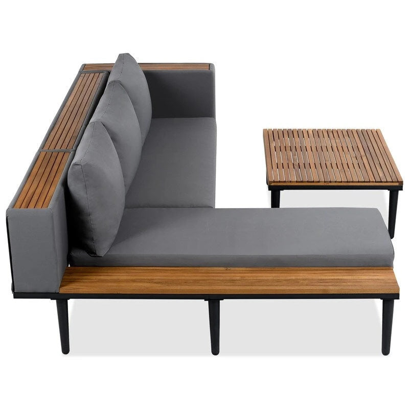 Ensemble de patio haut de gamme en acacia en forme de L - Comprend des coussins amovibles et une table basse, canapé d'angle extérieur.