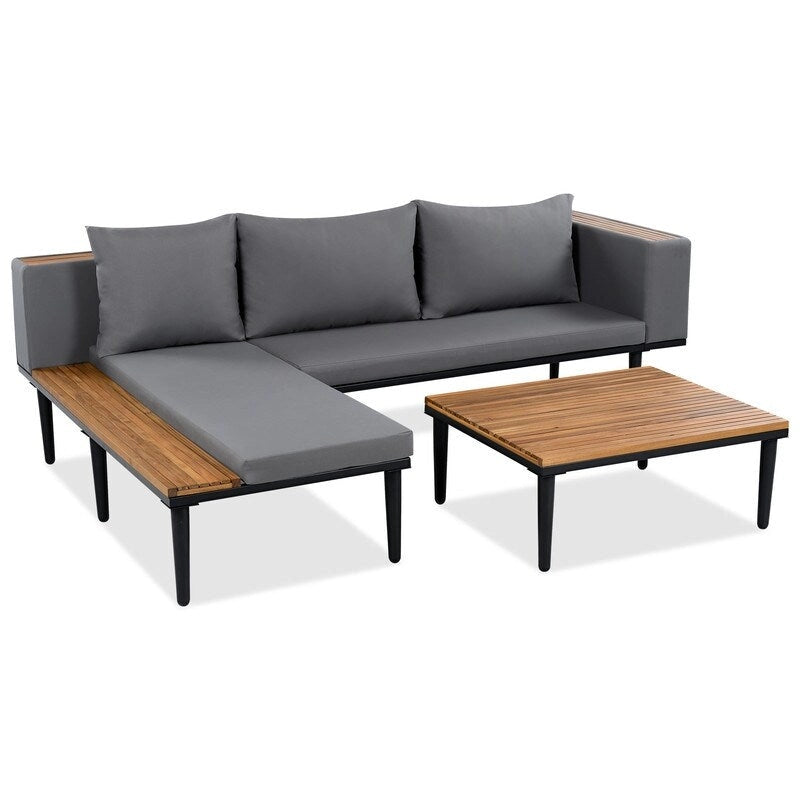 Ensemble de patio haut de gamme en acacia en forme de L - Comprend des coussins amovibles et une table basse, canapé d'angle extérieur.