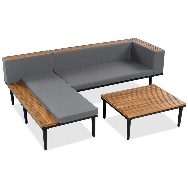 Ensemble de patio haut de gamme en acacia en forme de L - Comprend des coussins amovibles et une table basse, canapé d'angle extérieur.