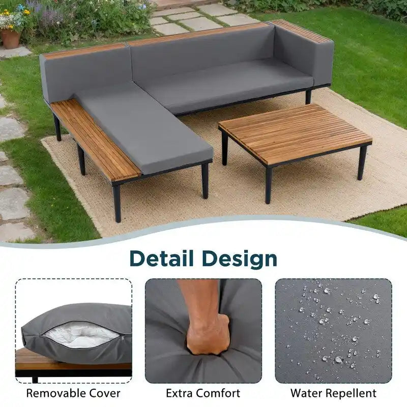 Ensemble de patio haut de gamme en acacia en forme de L - Comprend des coussins amovibles et une table basse, canapé d'angle extérieur.