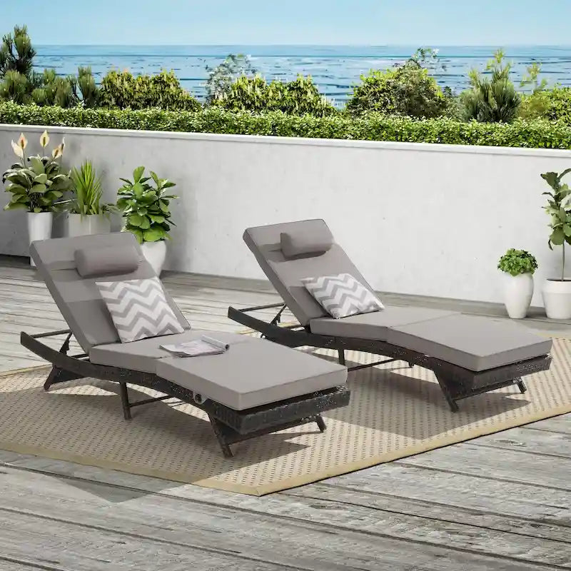 Chaises longues inclinables d'extérieur en rotin pour jardin, plage ou piscine, ensemble de 2