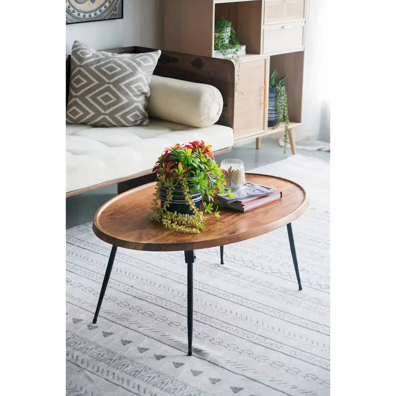 GDFStudio - Oval Coffee Table with Natural Acacia Wood Top and Iron Frame - 40.4