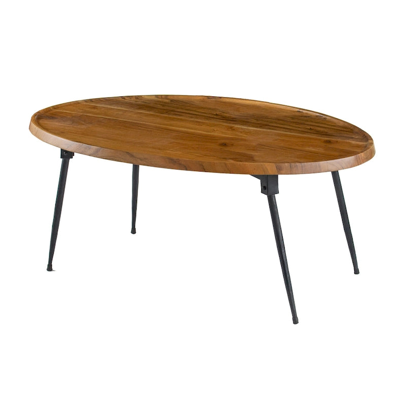 GDFStudio - Table Basse Ovale avec Plateau en Bois d'Acacia Naturel et Cadre en Fer - 40.4