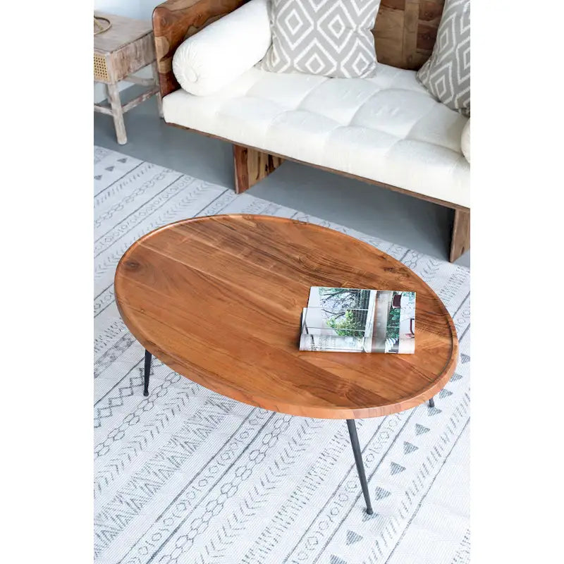 GDFStudio - Table Basse Ovale avec Plateau en Bois d'Acacia Naturel et Cadre en Fer - 40.4