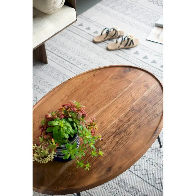 GDFStudio - Table Basse Ovale avec Plateau en Bois d'Acacia Naturel et Cadre en Fer - 40.4