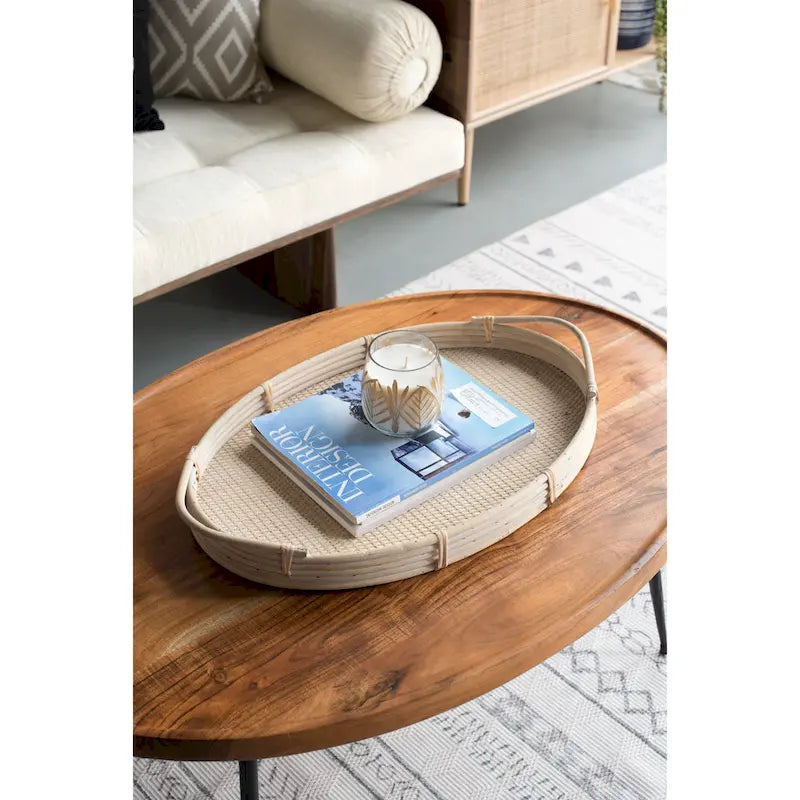 GDFStudio - Table Basse Ovale avec Plateau en Bois d'Acacia Naturel et Cadre en Fer - 40.4