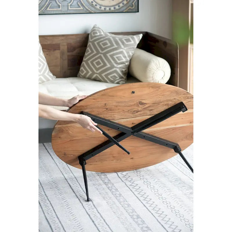 GDFStudio - Table Basse Ovale avec Plateau en Bois d'Acacia Naturel et Cadre en Fer - 40.4