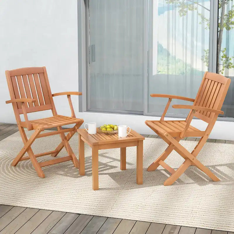 Gymax Ensemble de bistrot de patio 3 pièces en bois d'eucalyptus avec 2 fauteuils pliants