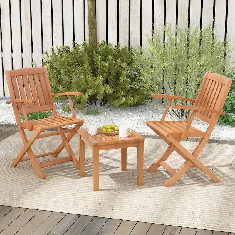Gymax Ensemble de bistrot de patio 3 pièces en bois d'eucalyptus avec 2 fauteuils pliants