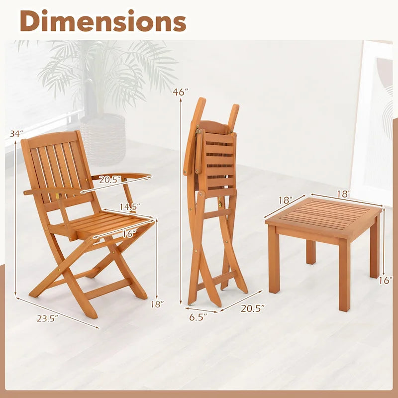 Gymax Ensemble de bistrot de patio 3 pièces en bois d'eucalyptus avec 2 fauteuils pliants