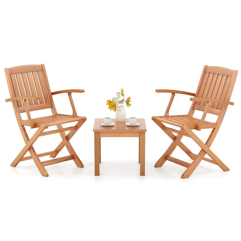Gymax Ensemble de bistrot de patio 3 pièces en bois d'eucalyptus avec 2 fauteuils pliants