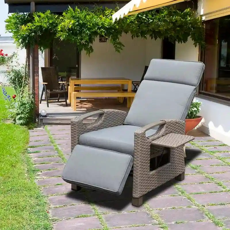 GDFStudio - Emery Outdoor Reclining Lounge Chair with Flip Table and Thick Cushions