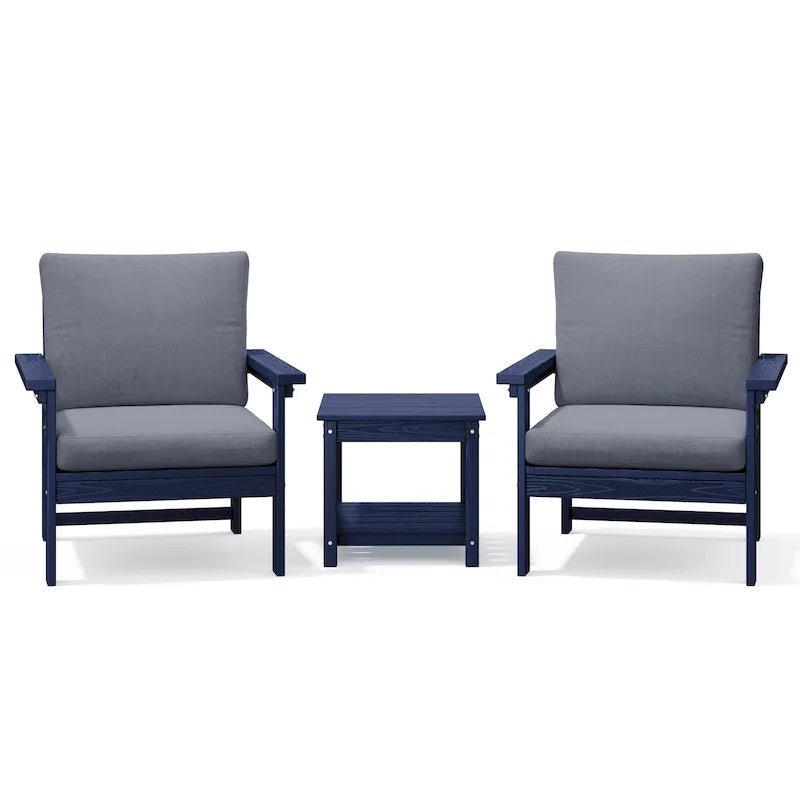 Ensemble de conversation d'extérieur en PEHD pour terrasse, 2 fauteuils et table d'extrémité double, coussins amovibles inclus