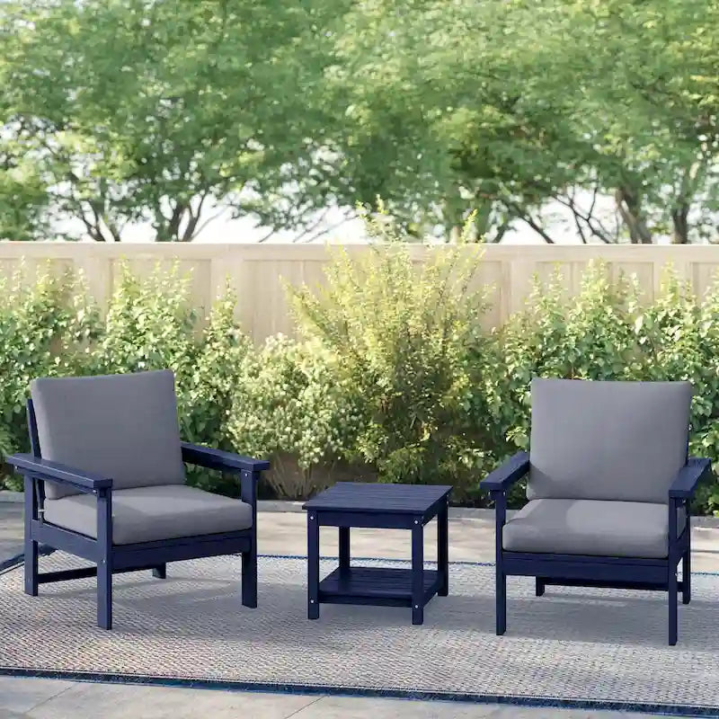Outdoor Patio HDPE Conversation Set, 2 Armchairs & Double End Table, Removable Cushions Included