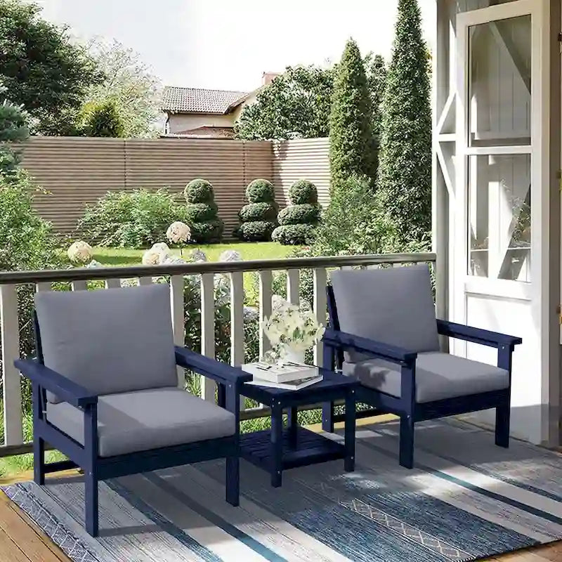Ensemble de conversation d'extérieur en PEHD pour terrasse, 2 fauteuils et table d'extrémité double, coussins amovibles inclus