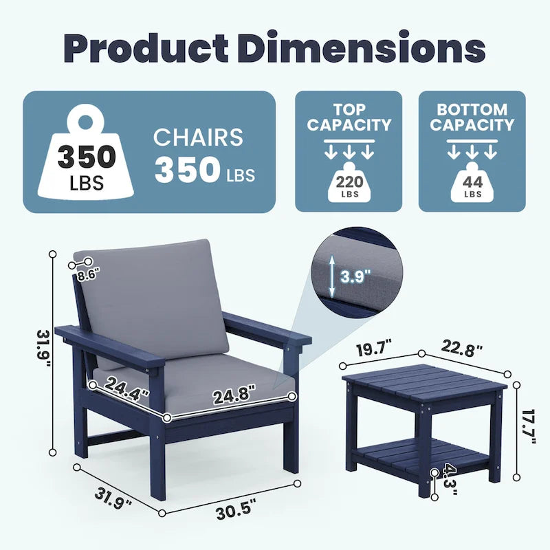 Ensemble de conversation d'extérieur en PEHD pour terrasse, 2 fauteuils et table d'extrémité double, coussins amovibles inclus